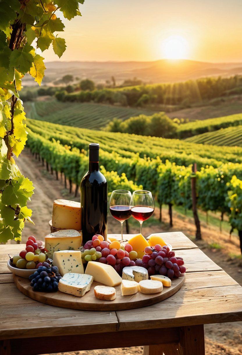 A picturesque vineyard landscape with rolling hills and grapevines in various stages of ripeness. A rustic wooden table is set with an array of budget-friendly wine bottles, accompanied by a selection of artisan cheeses and fresh fruits. The sun sets in the background, casting warm golden light over the scene to create a welcoming atmosphere. Capture the essence of affordability and enjoyment in wine with vibrant colors and inviting textures. super-realistic. vibrant colors. warm lighting.