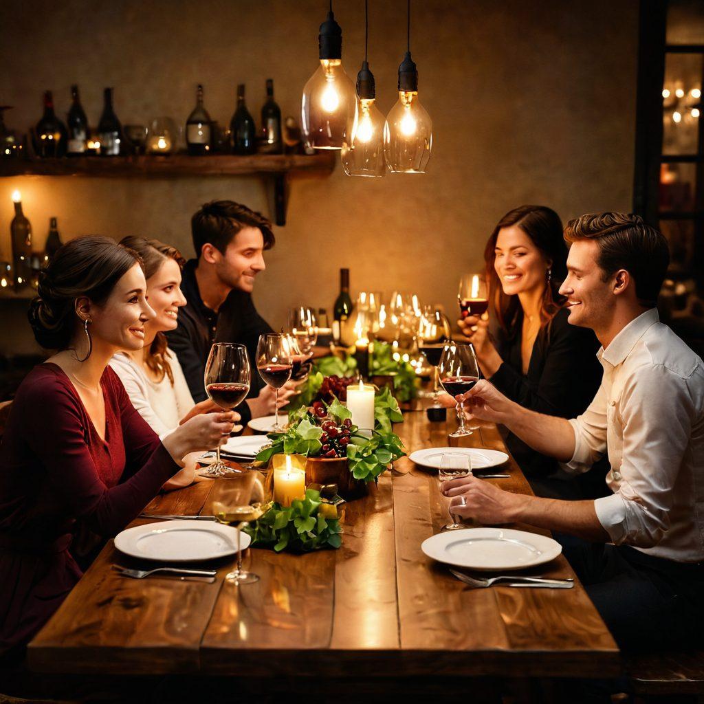 A cozy wine bar scene with a rustic wooden table, romantic candlelight, and an array of affordable yet elegant wine bottles and glasses. Include a diverse group of friends engaging in joyful conversation while savoring small plates of delicious food, surrounded by warm, inviting decor. The ambiance should exude a sense of celebration and relaxation with soft, rich colors and textures. super-realistic. vibrant colors. warm lighting.